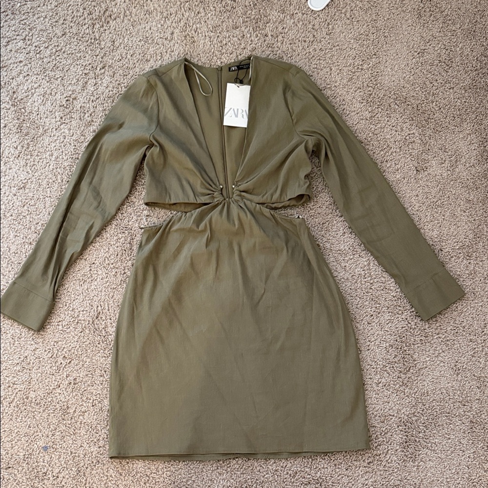 Zara Olive Long Sleeve Cut-Out Dress